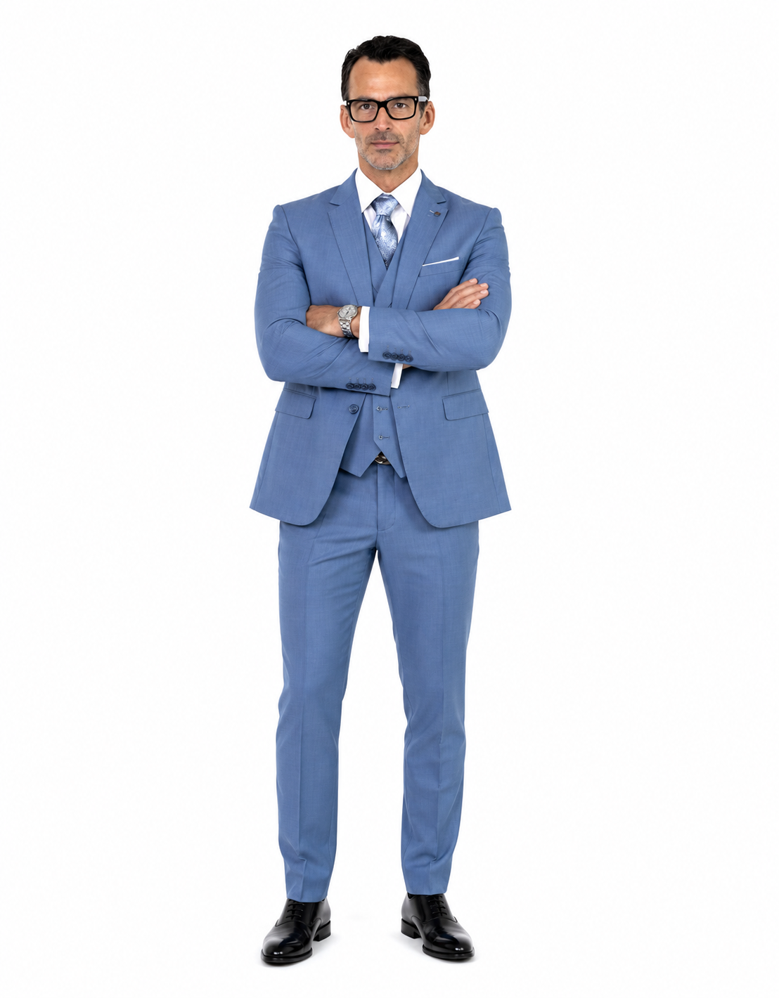 Mens 2 Button Slim Fit Wool Suit With Double Breasted Vest in Steel Blue