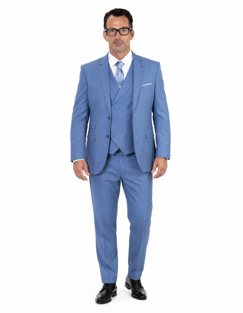 Mens 2 Button Slim Fit Wool Suit With Double Breasted Vest in Steel Blue