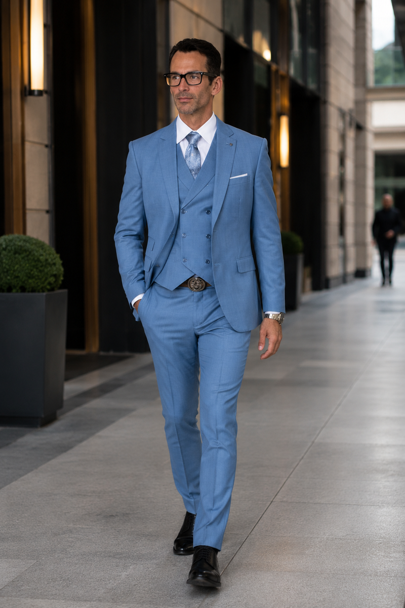 Mens 2 Button Slim Fit Wool Suit With Double Breasted Vest in Steel Blue