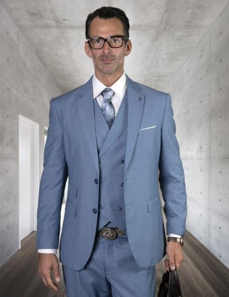 Mens 2 Button Slim Fit Wool Suit With Double Breasted Vest in Steel Blue