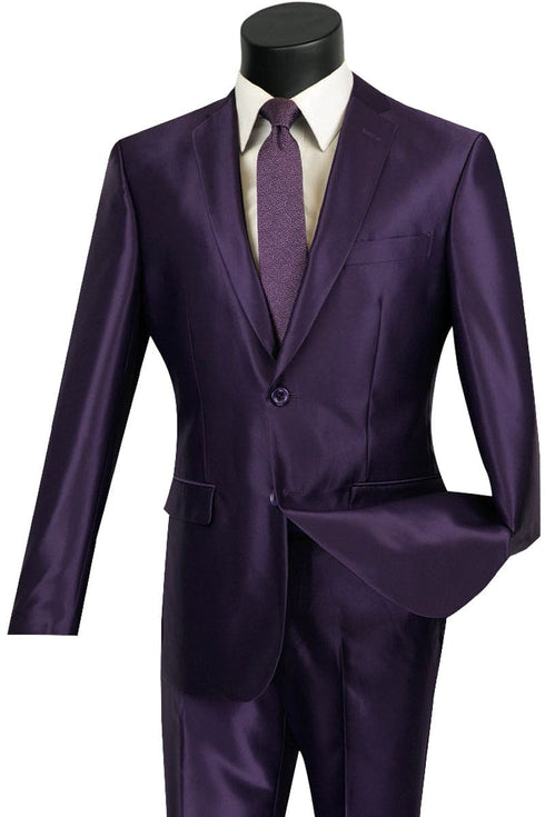 Mens Cheap Purple Suit Mens 2 Button Slim Fit Shiny Sharkskin Suit in Purple