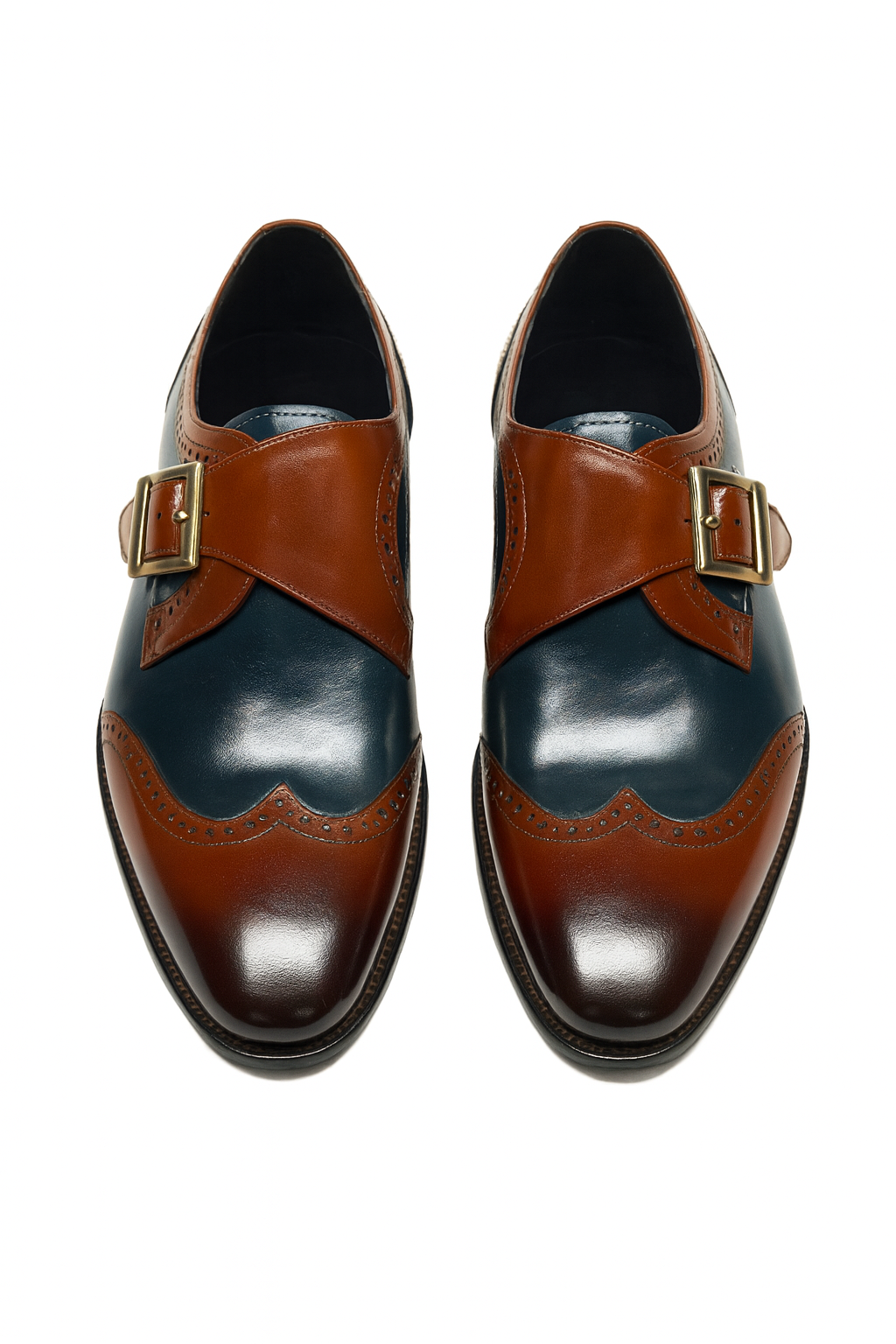 Mens Leather Wingtip Monk Strap Dress Shoe in Brown & Navy