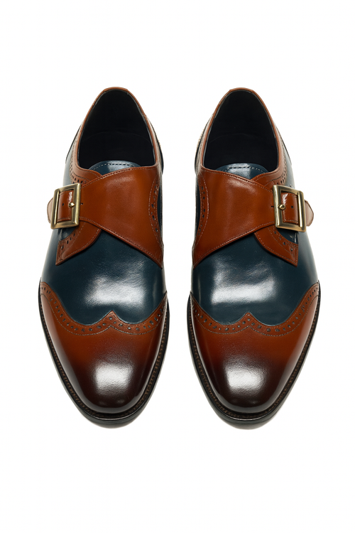 Mens Leather Wingtip Monk Strap Dress Shoe in Brown & Navy