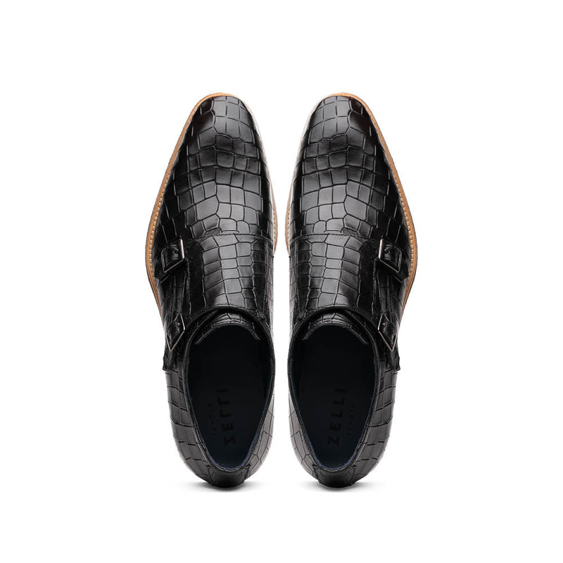 Zelli Legerra Hand Burnished Crocodile Print Monk Strap in Black
