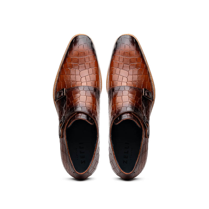 Zelli Legerra Hand-Burnished Crocodile Print Monk Strap in Cognac