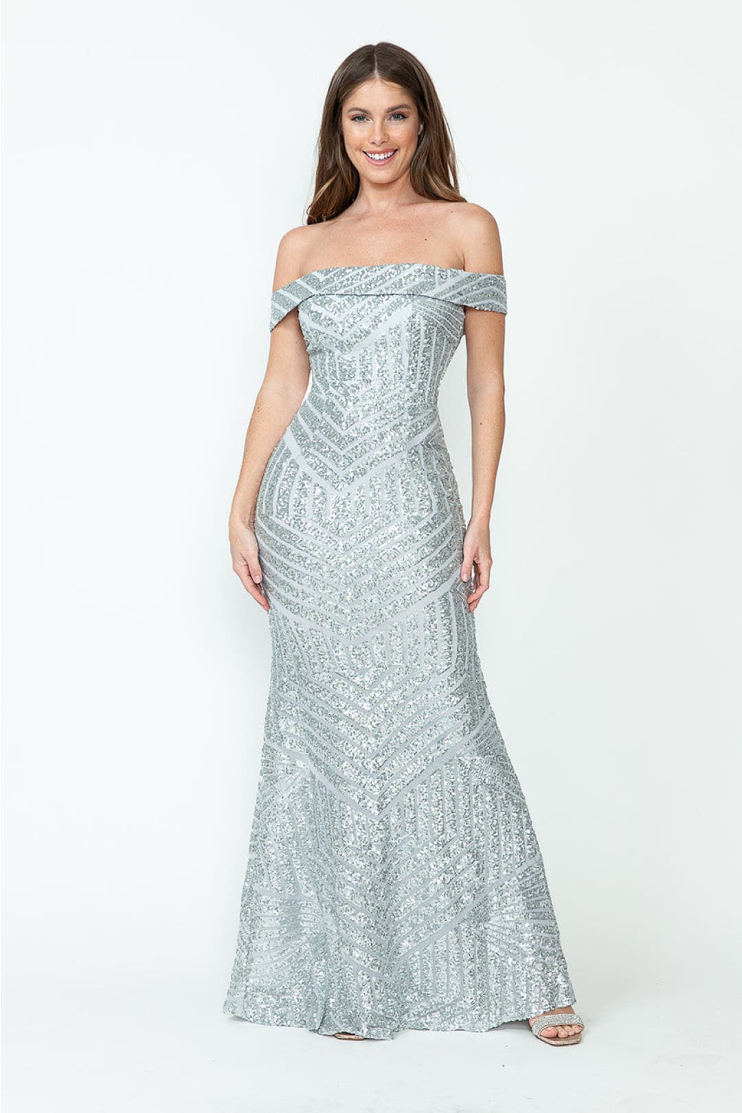 LENOVIA 5224 Off Shoulder Sequined Long Formal Dress