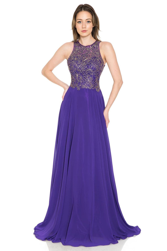 Lenovia 8169 Sleeveless Halter Long Embroidered Formal Gown