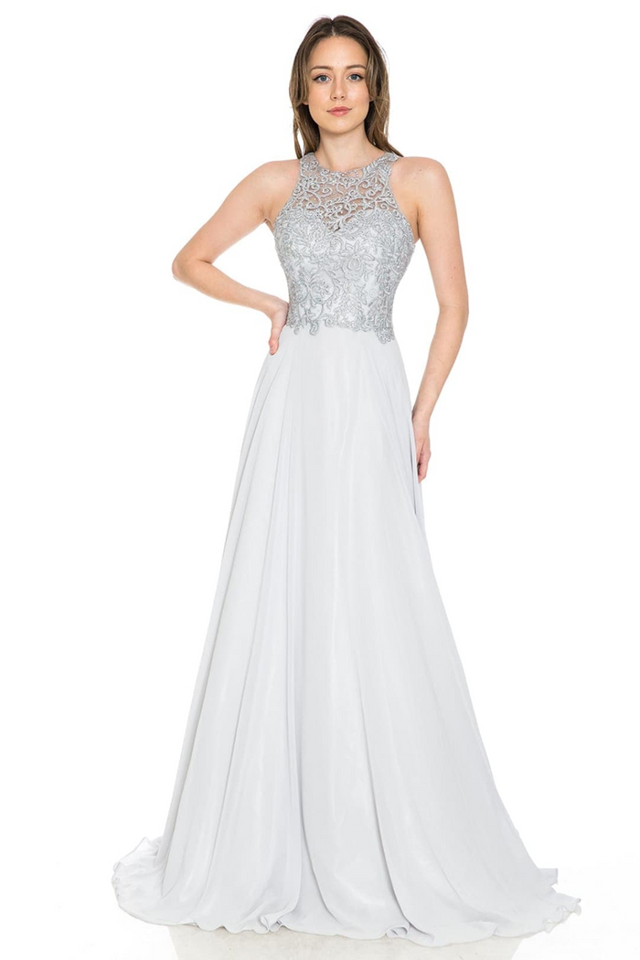 Lenovia 8169 Sleeveless Halter Long Embroidered Formal Gown
