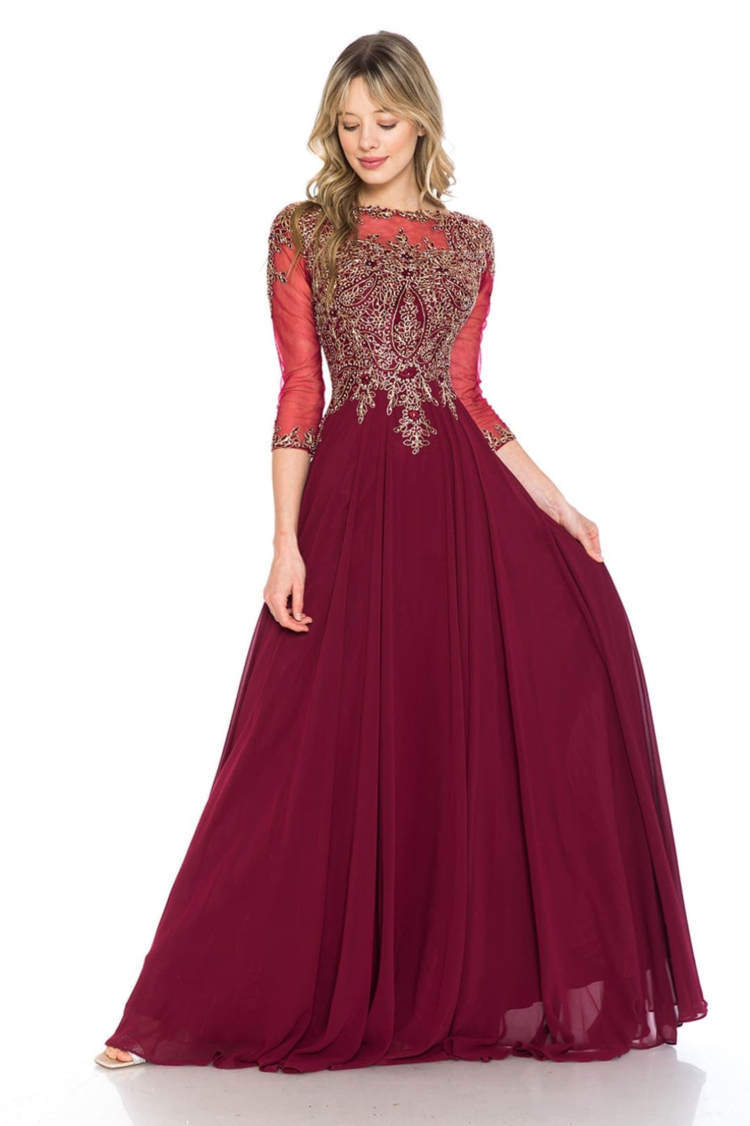 Embroidered 3/4 Sleeve Mother Of The Bride Dress Modest Evening Gown