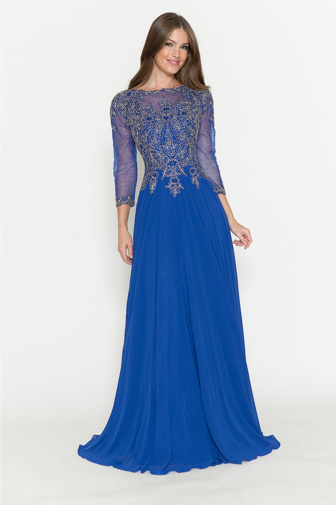 Embroidered 3/4 Sleeve Mother Of The Bride Dress Modest Evening Gown
