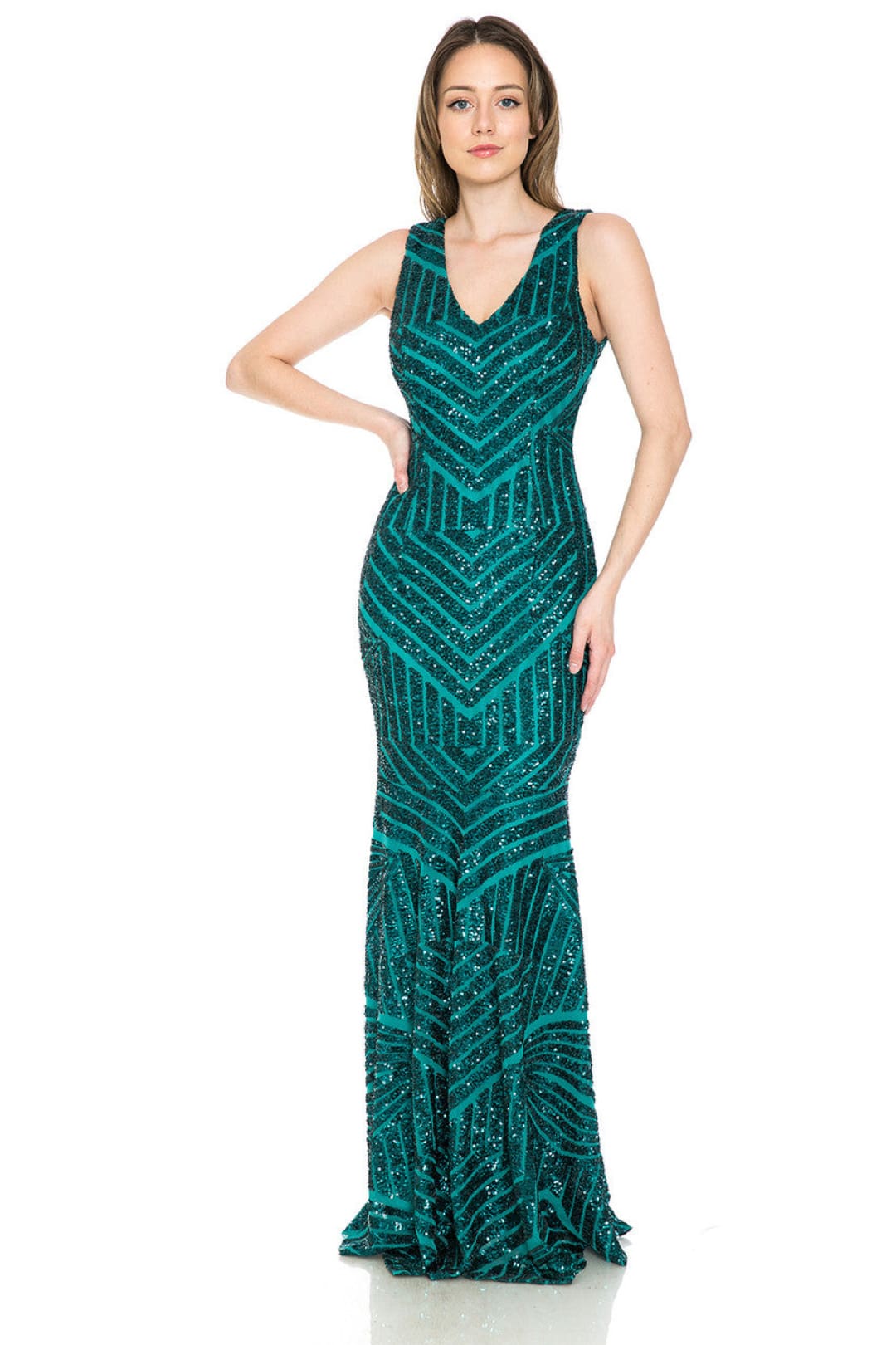 Lenovia USA 5150 V-Neck Mermaid Sequined Long Evening Prom Dress-New Collection