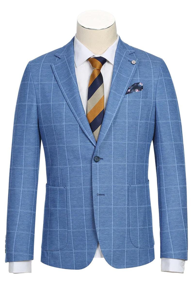 Azure elegance: Unconstructed windowpane blazer in soft blue. Notched lapel, patch pockets, single-button closure. Functional cuffs. Includes contrasting pocket square.

