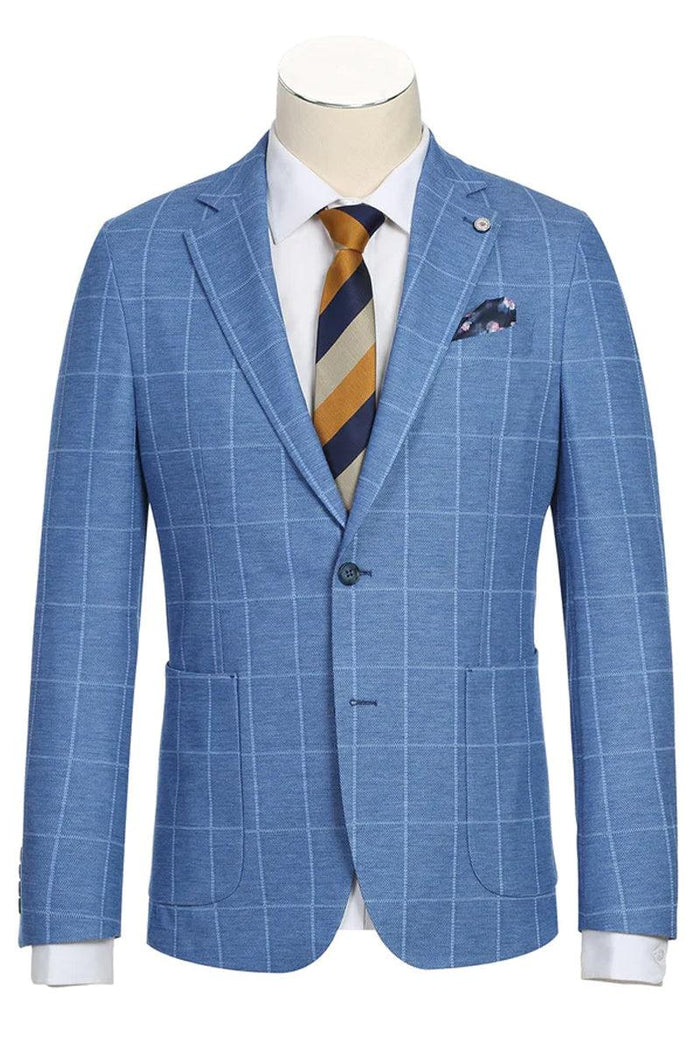 Azure elegance: Unconstructed windowpane blazer in soft blue. Notched lapel, patch pockets, single-button closure. Functional cuffs. Includes contrasting pocket square.
