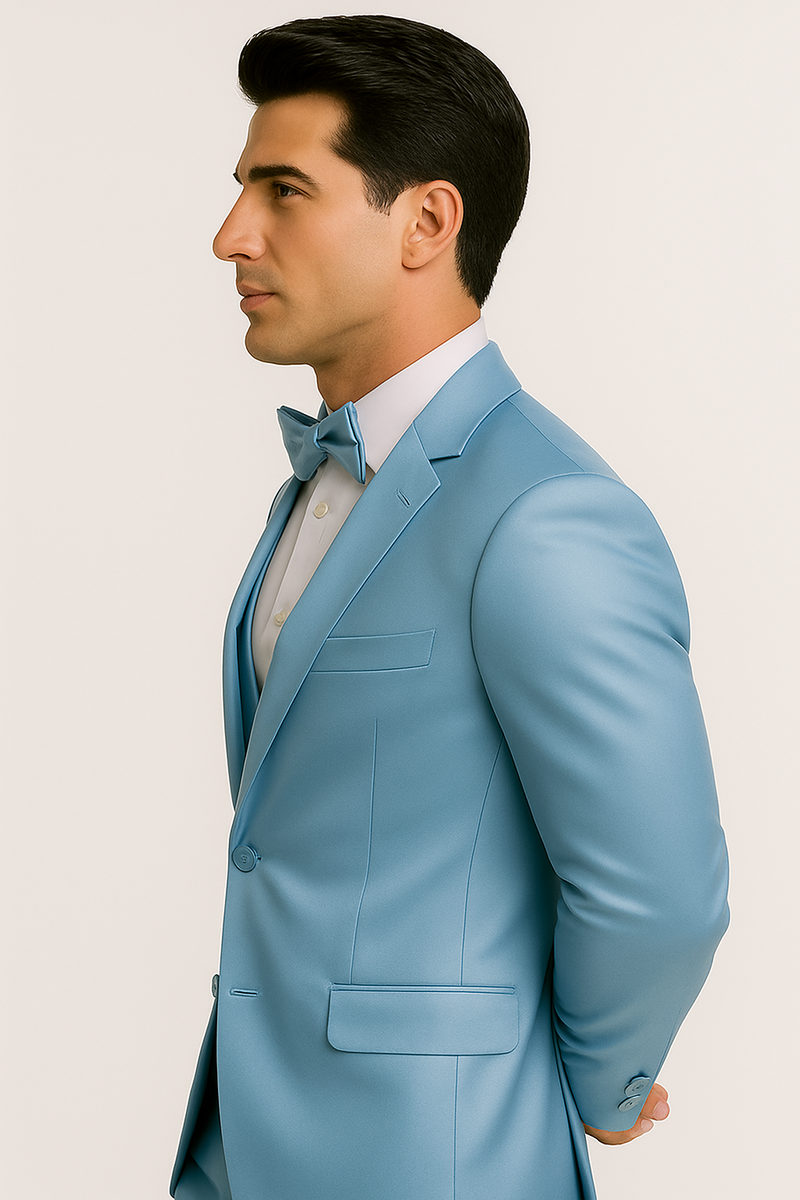 Light blue tuxedo set: fitted, shiny jacket with notch lapels, matching trousers, and bow tie. Sleek fabric, tailored silhouette, and precise stitching. Perfect for formal events.
