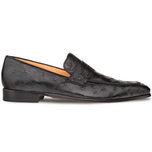 Black Mezlan Lisbon loafers in textured ostrich quill leather. Penny keeper design, low profile, rounded toe, and flat heel.
