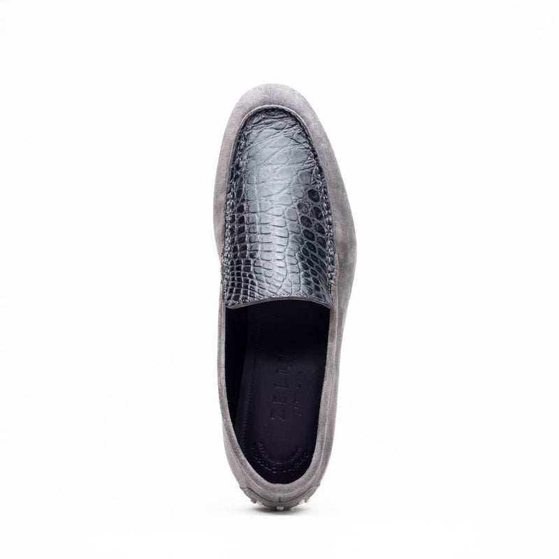 Zelli Bene Sueded Goatskin and Crocodile Loafer in Grey