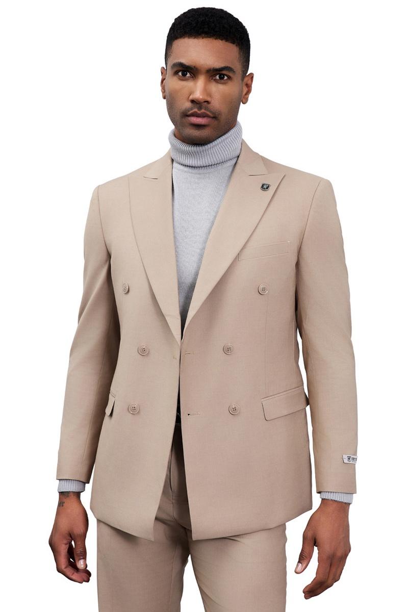Stacy Adams tan double-breasted suit: structured, tailored fit, broad lapels. Solid tan, smooth fabric, six buttons. Features: chest/flap pockets, buttoned cuffs, tailored trousers. Formal design.
