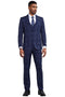Navy Stacy Adams suit: two-button jacket with notch lapel, side pockets. Matching slim-fit trousers. Navy base with light windowpane plaid. Fitted, tailored look.
