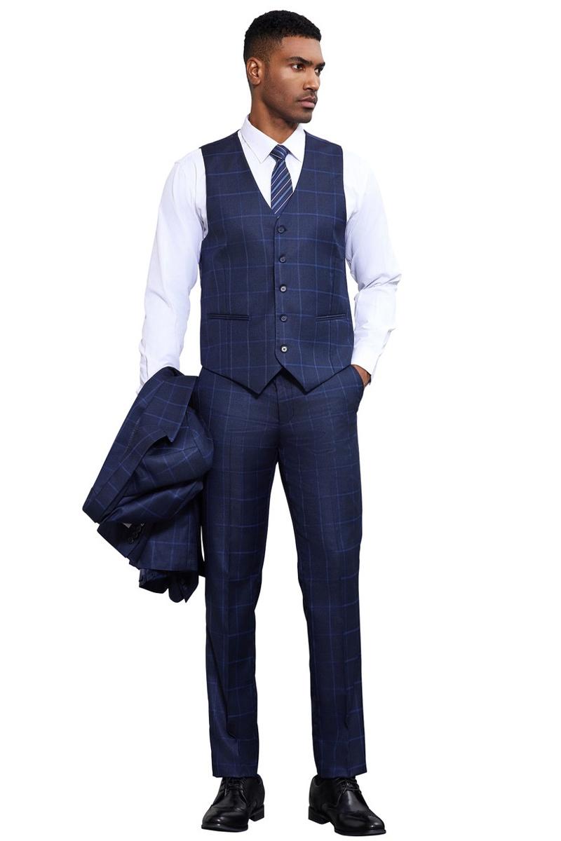 Navy Stacy Adams men's suit with a windowpane pattern. Includes a fitted vest, tailored trousers, and a one-button jacket. Features a notched lapel and a slim silhouette.
