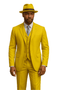 Yellow zoot suit: fitted jacket (single-button), matching trousers, three-piece vest, and a yellow fedora. Classic, stylish look.
