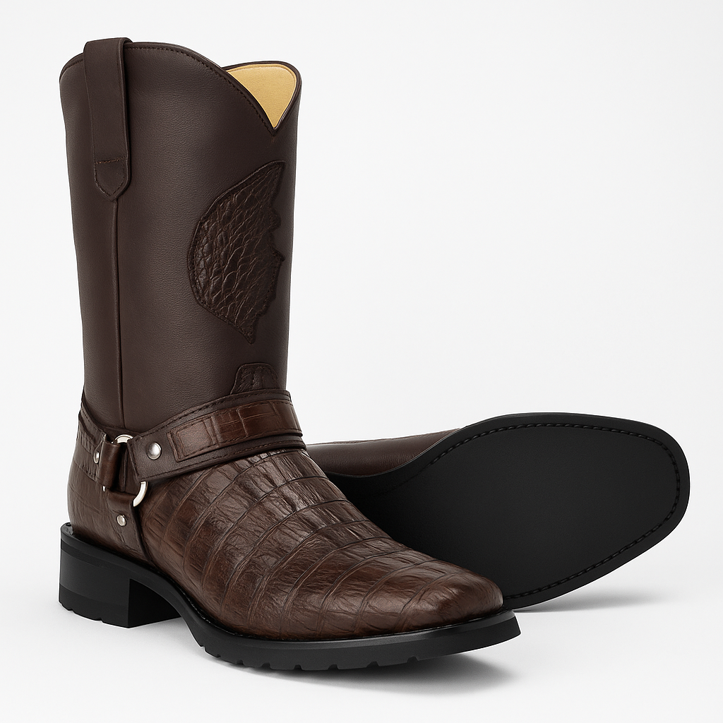 Los Altos Boot - Los Altos Cowboy Boots - Men's Biker Design Genuine Leather Caiman Tail Western Boots with Industrial Sole