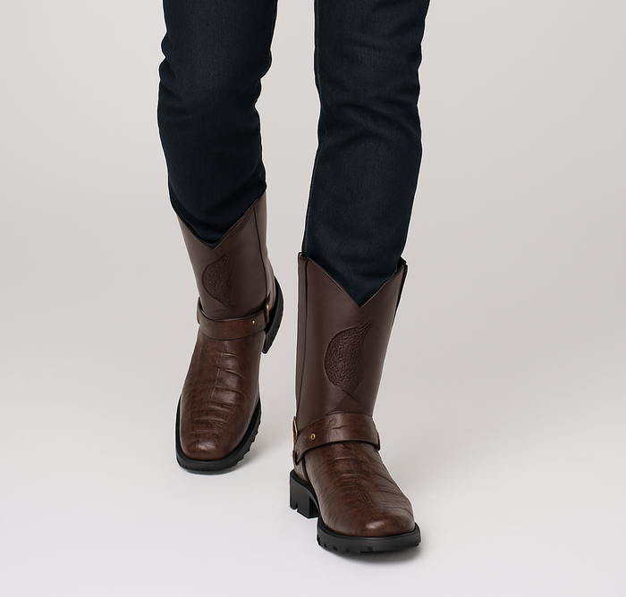Los Altos Boot - Los Altos Cowboy Boots - Men's Biker Design Genuine Leather Caiman Tail Western Boots with Industrial Sole