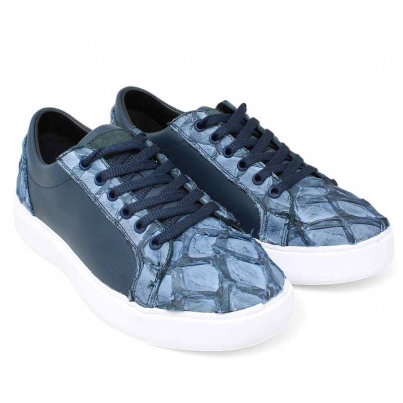 Men's Genuine Piraruccu Skin and Leather Sneaker Casual Shoes Denim Blue Color - Los Altos Boots