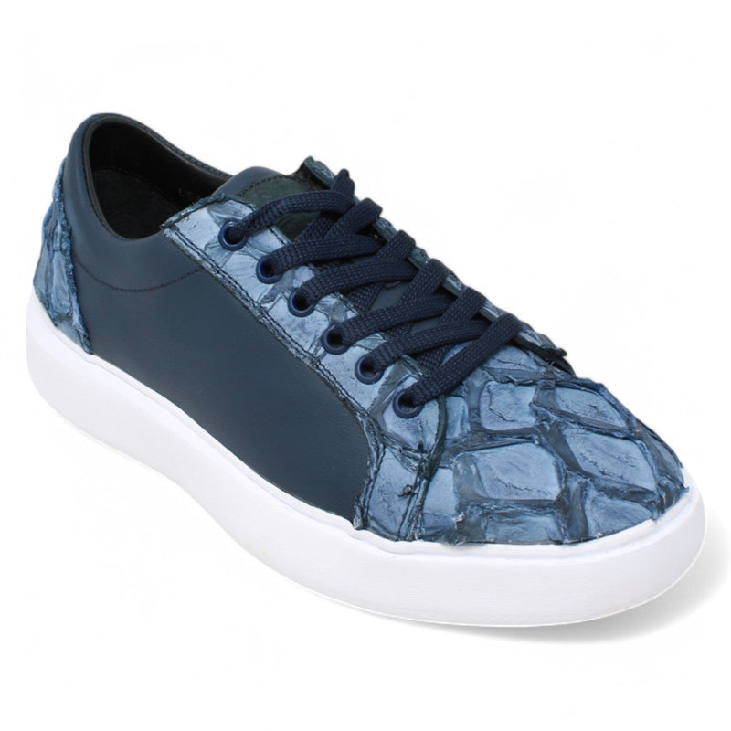 Men's Genuine Piraruccu Skin and Leather Sneaker Casual Shoes Denim Blue Color - Los Altos Boots
