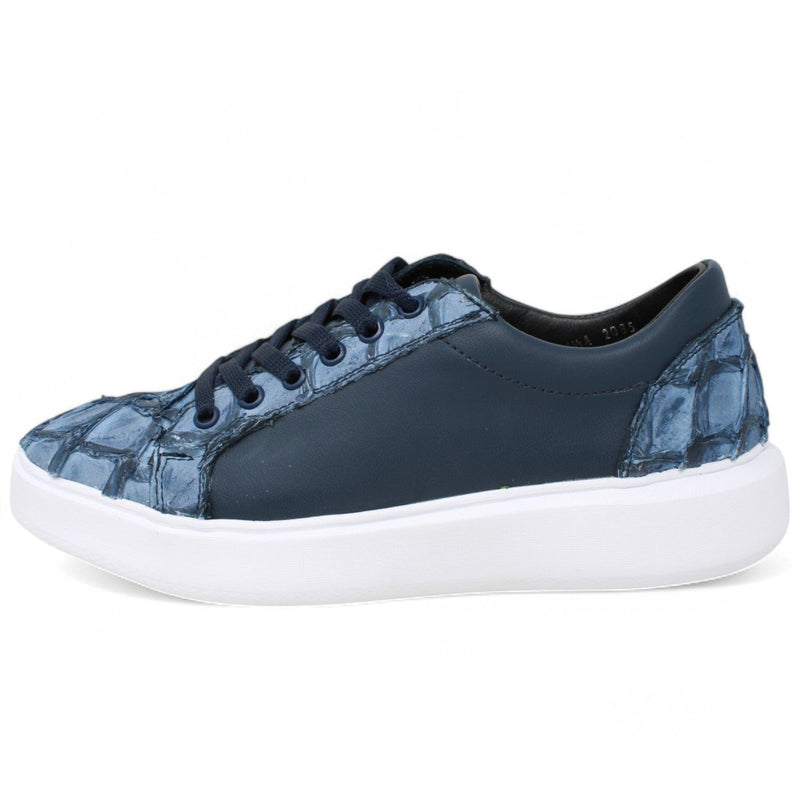 Men's Genuine Piraruccu Skin and Leather Sneaker Casual Shoes Denim Blue Color - Los Altos Boots