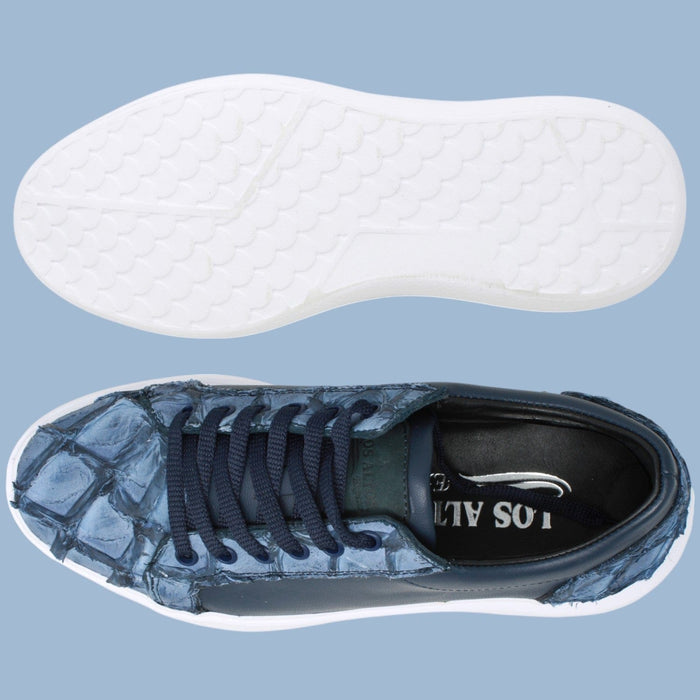 Men's Genuine Piraruccu Skin and Leather Sneaker Casual Shoes Denim Blue Color - Los Altos Boots