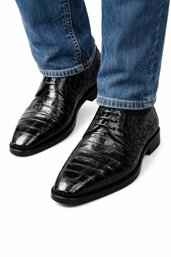 Los Altos Men's Black Crocodile Shoes Italian Toe