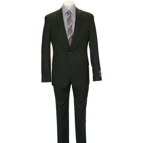 Carlo Lusso black suit by Albertonardoni. Structured, fitted poly blend with tapered trousers. Blazer: notch lapels, flap pockets, single button. Trousers: flat front. Solid black, subtle sheen.

