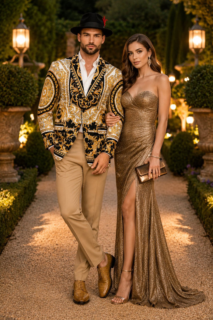 Mens Black and Gold Baroque Blazer with Matching Pants, Hat, and Shoes - Luxury Party and Wedding Outfit Set
