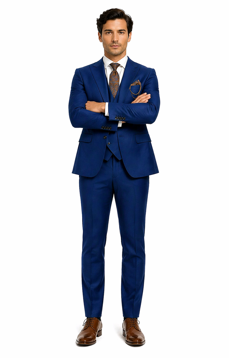 Luxury Blue Three-Piece Suit with Paisley Tie - Elegant Formal Outfit