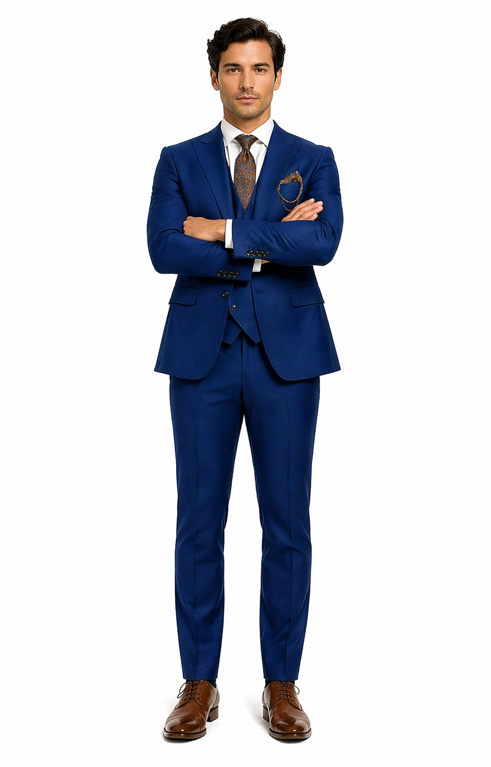 Luxury Blue Three-Piece Suit with Paisley Tie - Elegant Formal Outfit