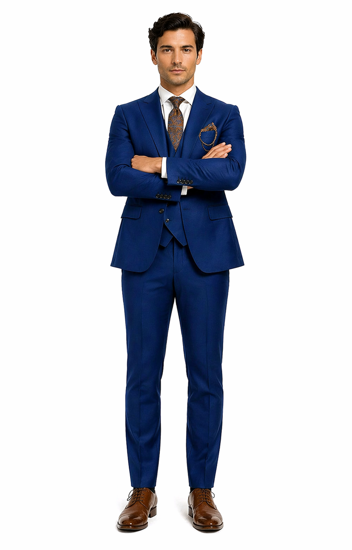 Luxury Blue Three-Piece Suit with Paisley Tie - Elegant Formal Outfit