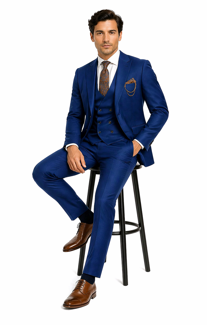 Luxury Blue Three-Piece Suit with Paisley Tie - Elegant Formal Outfit