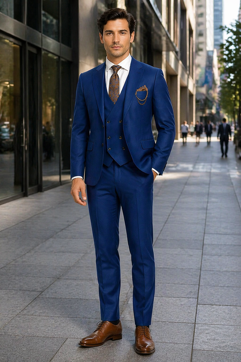 Luxury Blue Three-Piece Suit with Paisley Tie - Elegant Formal Outfit