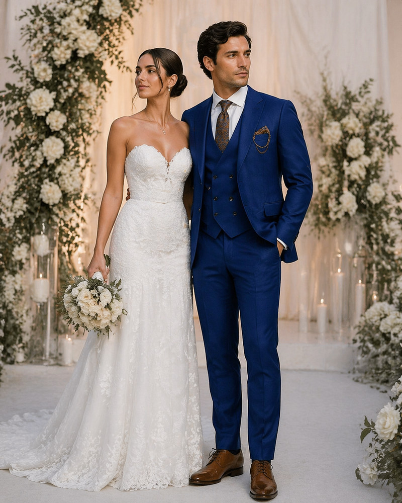 Luxury Blue Three-Piece Suit with Paisley Tie - Elegant Formal Outfit