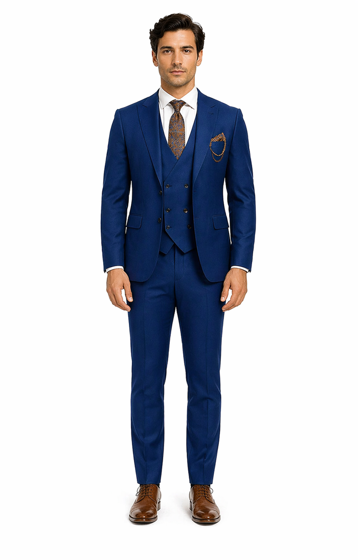 Luxury Blue Three-Piece Suit with Paisley Tie - Elegant Formal Outfit
