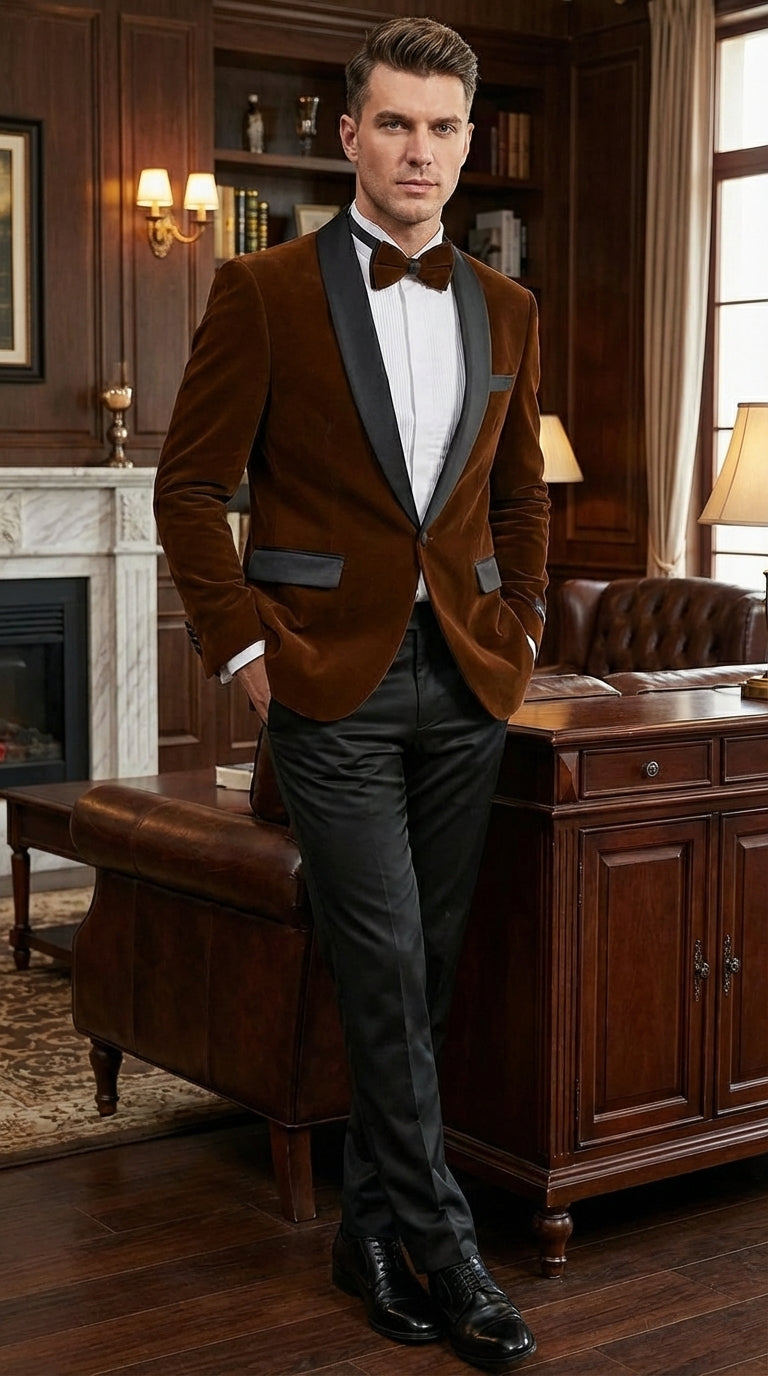 Mens Brown Velvet Tuxedo Jacket – Luxury Black Lapel Velvet Blazer for Wedding, Prom and Formal Events