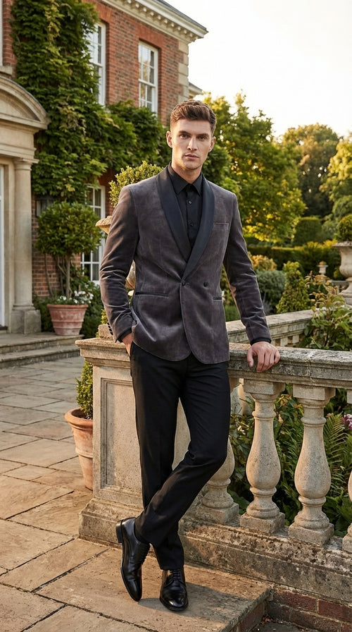 Mens Charcoal Gray Velvet Tuxedo Suit – Luxury Formal Wedding Suit with Black Shawl Lapel for Prom, Party Black Pants