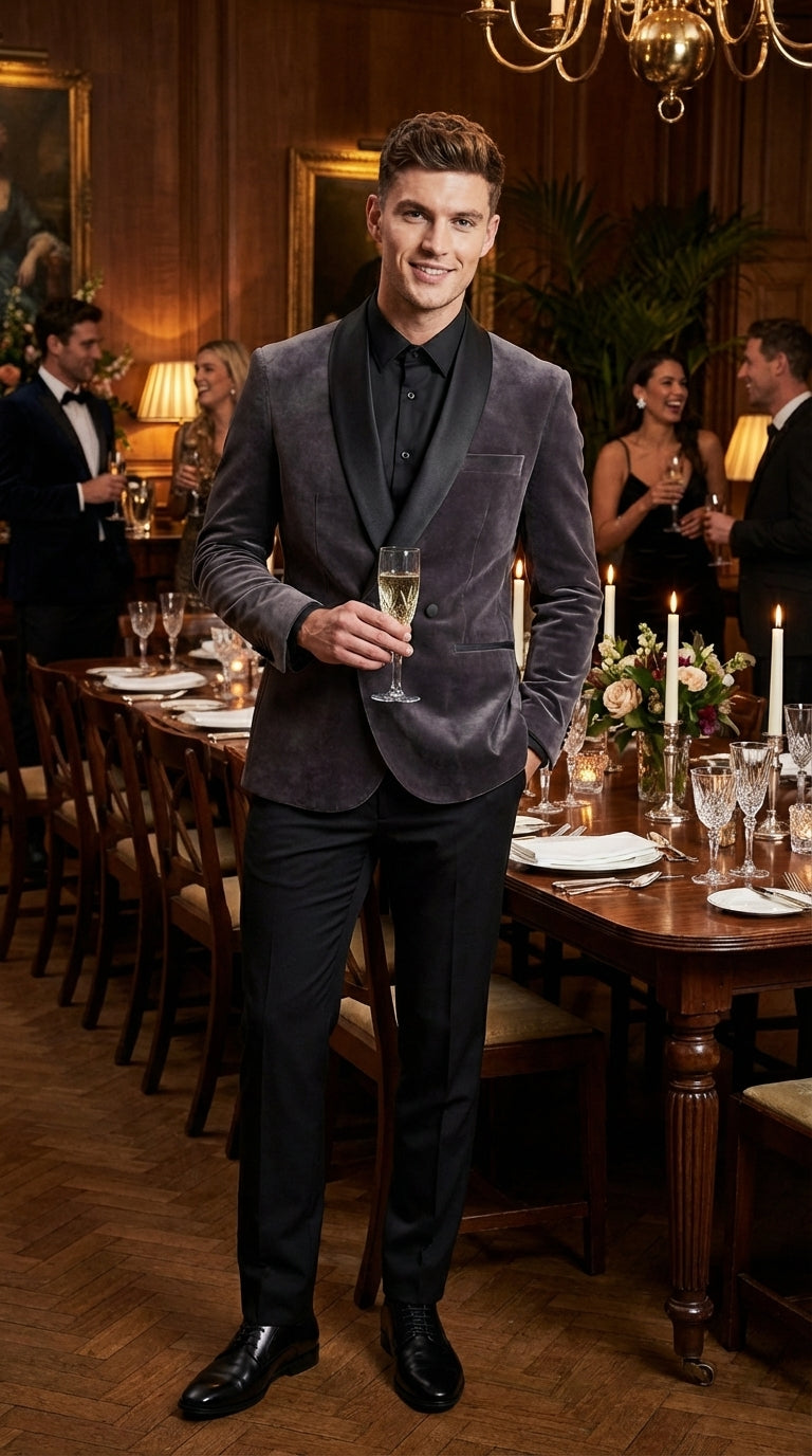 Mens Charcoal Gray Velvet Tuxedo Suit – Luxury Formal Wedding Suit with Black Shawl Lapel for Prom, Party Black Pants