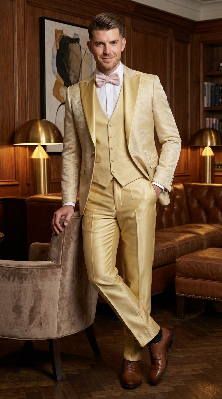 Vitali Mens Yellow Gold Designer Tuxedo Suit Set – Luxury Wedding Prom Formal Tuxedo with Vest Bow Tie in Champaign Color