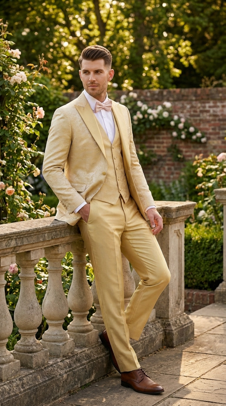 Vitali Mens Yellow Gold Designer Tuxedo Suit Set – Luxury Wedding Prom Formal Tuxedo with Vest Bow Tie in Champaign Color