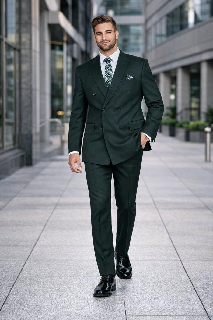 Mens Classic Wool Double Breasted Fit Suit in Hunter Green