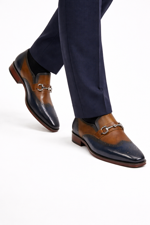 Mens Wholecut Two Tone Leather Wingtip Loafer Dress Shoes in Blue & Tan