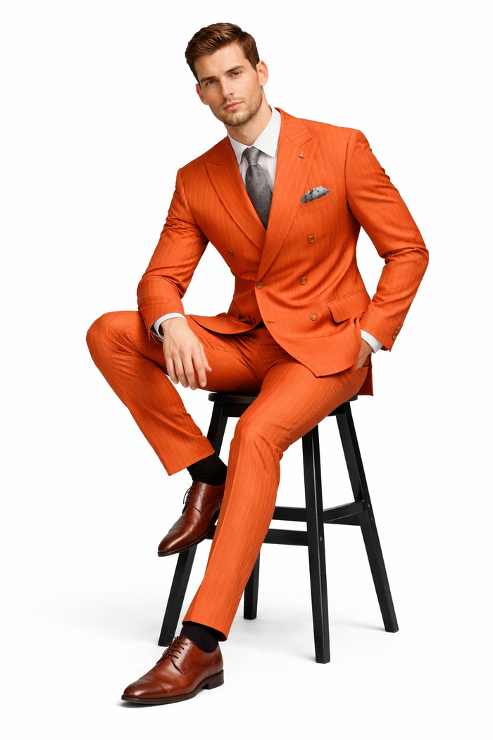 Luxury Mens Orange Pinstripe Suit“ Elegant Formal Outfit