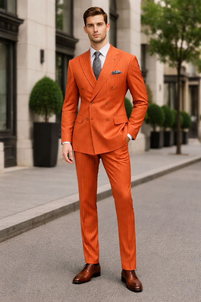 Luxury Mens Orange Pinstripe Suit“ Elegant Formal Outfit