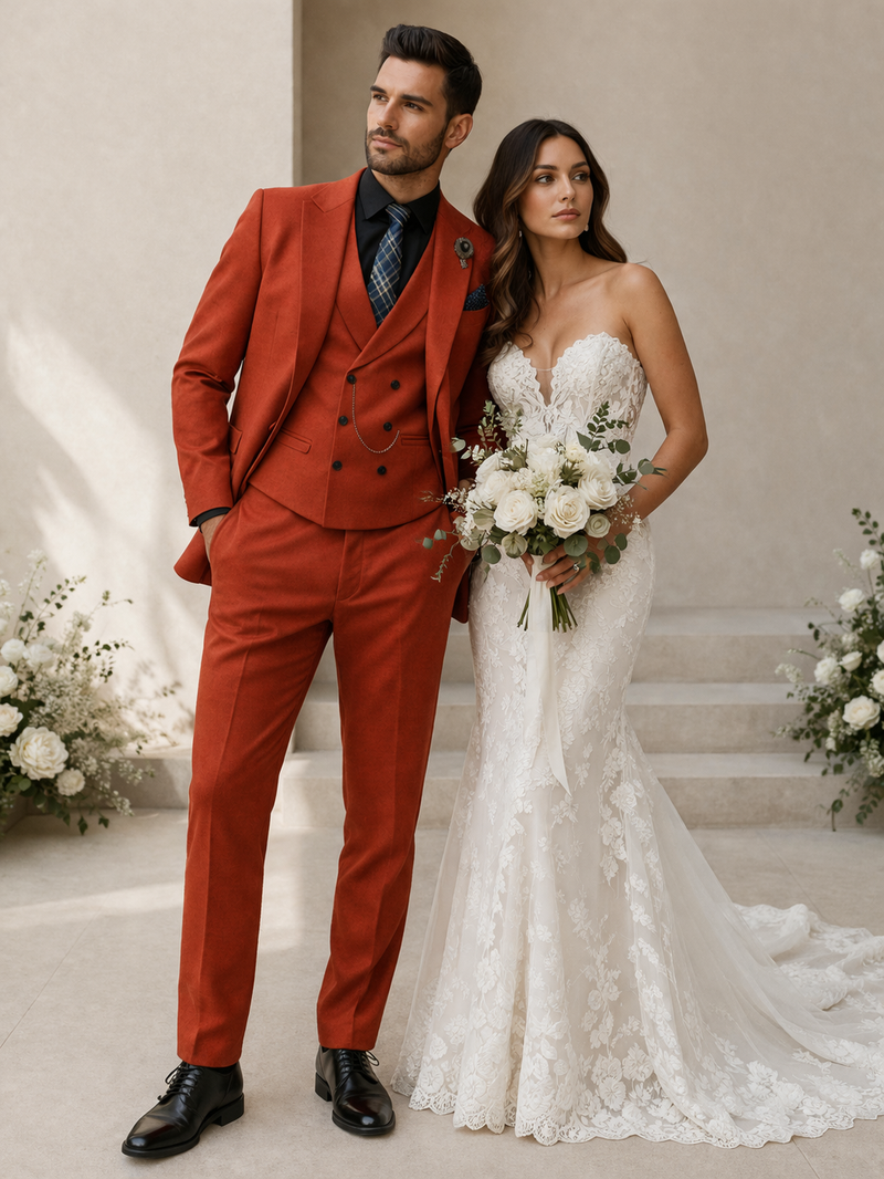 Luxury Mens Red Suit with Vest“ Modern Formal Attire
